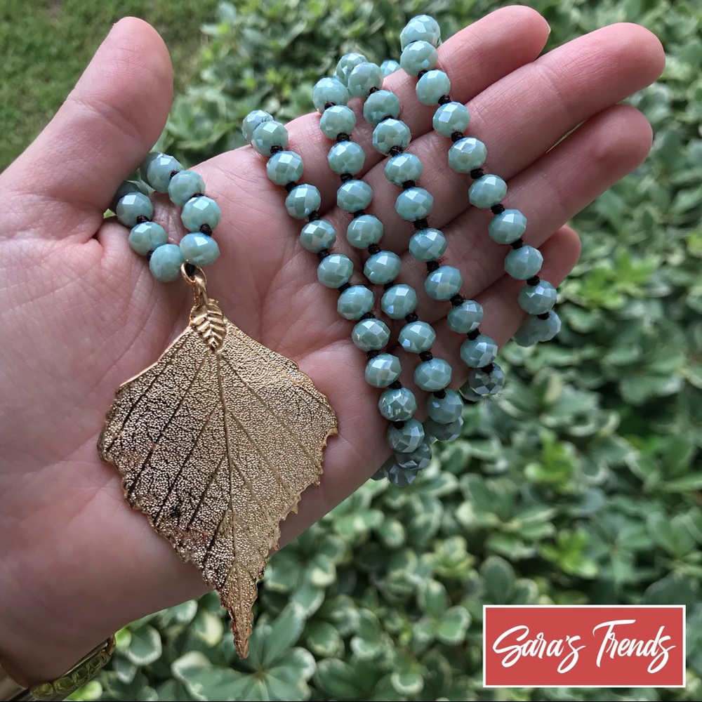 Aqua and Gold Leaf Pendant Crystal Bead Necklace